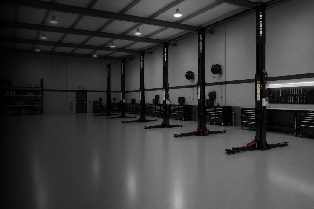 Mechanic workshop interior with two-post car hoists and tool benches, representing Mechanic Jobs Australia
